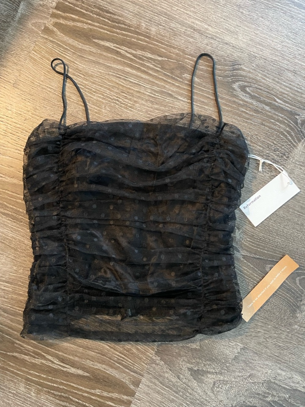 Reformation Amber Ruched Tulle Top Size 4 Black Polka Dot NWT - Picture 2 of 6
